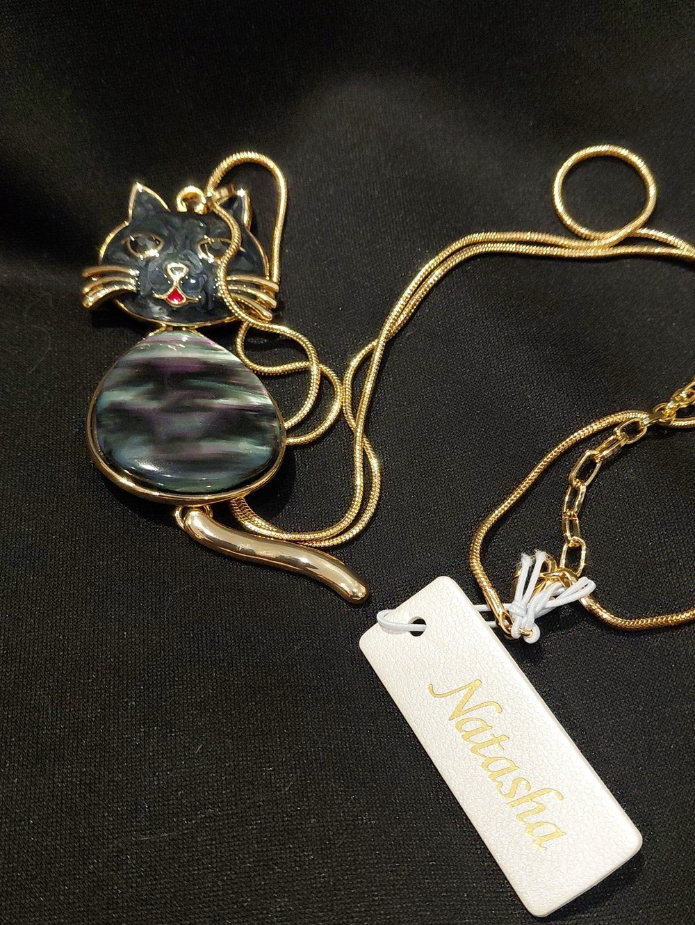 NATASHA Cat Pendant Necklace with Iridescent Teardrop Accent Movable